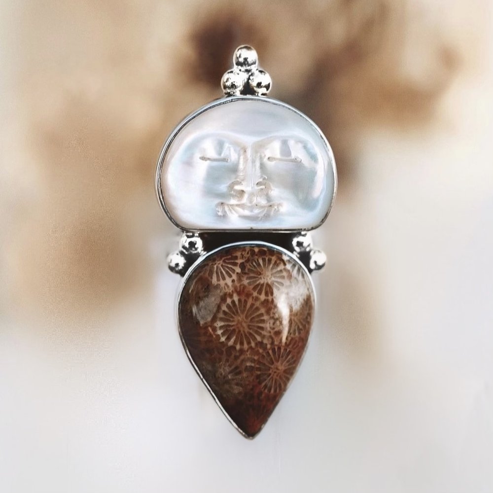 Mother of Pearl Moon face and Fossilised Coral