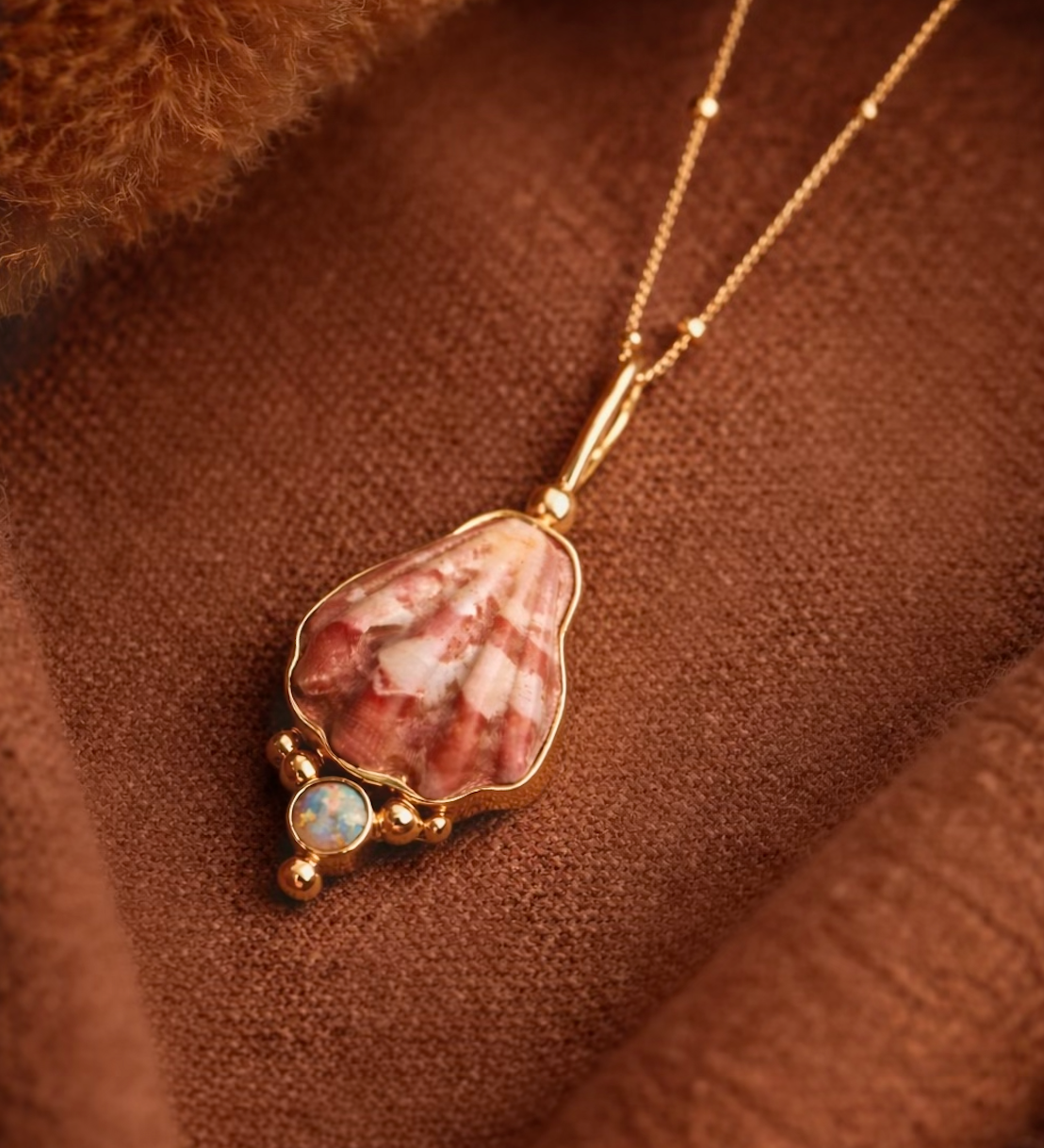 Gold Japanese Decatopecten and Opal Necklace